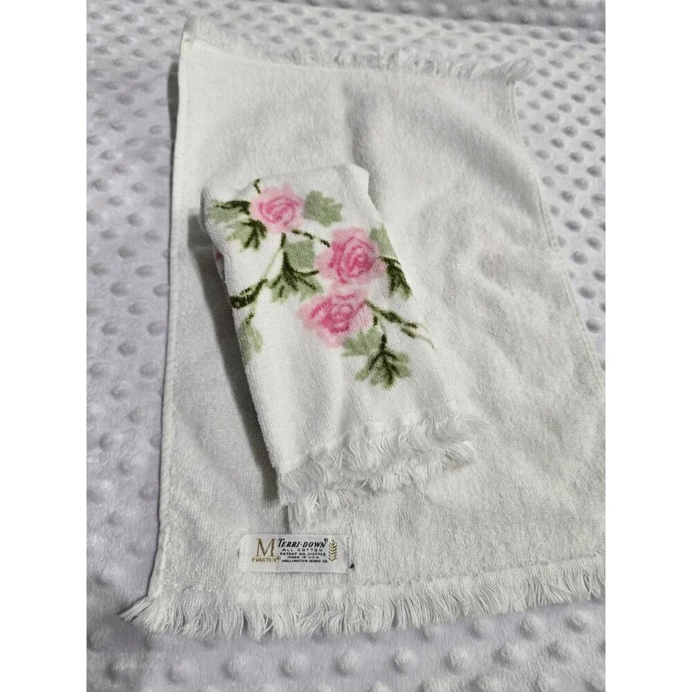 Vintage 70’s Terri-Down Martex Bath Towels Pink Cottage Floral Set Of 2 Guest